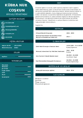 Biyoloji Öğretmeni CV Örnekleri cv indir